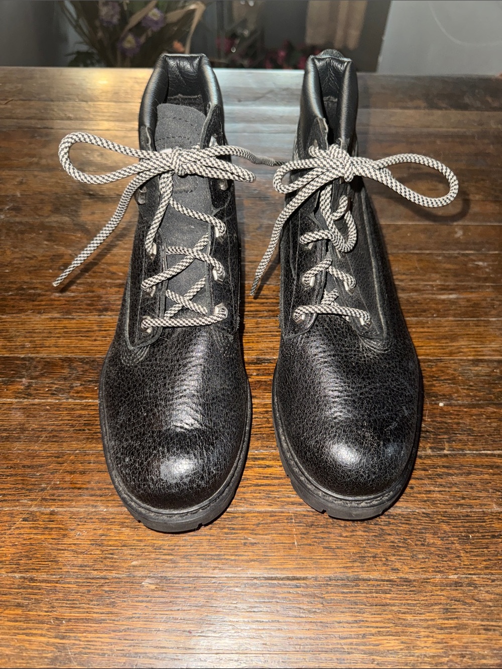 Caterpillar Black Leather Combat Boots with Gray Laces